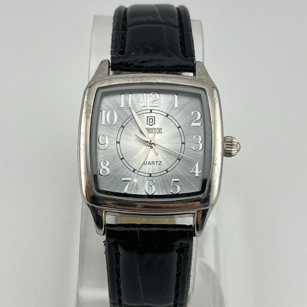QBOS Watch‎ Women 30mm Silver Case Black Faux Leather Band- New Battery